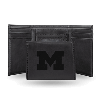 Michigan Wolverines Black Laser Engraved Faux Leather Trifold