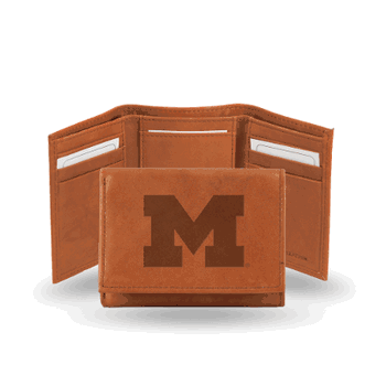 Michigan Wolverines  Brown Embossed Genuine Leather Tri-Fold Wallet