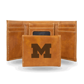 Michigan Wolverines Brown Laser Engraved Faux Leather Trifold