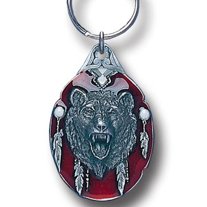 Native American Shield with Grizzly Bear Metal Key Chain with Enameled Details