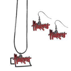 Nebraska Cornhuskers Dangle Earrings and State Necklace Set