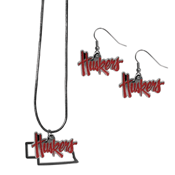 Nebraska Cornhuskers Dangle Earrings and State Necklace Set
