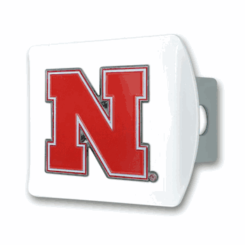 Nebraska White Metal Hitch Cover with  3D Color Emblem