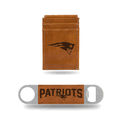 New England Patriots Brown Laser Engraved Front Pocket Wallet & Bar Blade