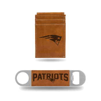 New England Patriots Brown Laser Engraved Front Pocket Wallet & Bar Blade