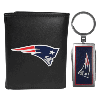 New England Patriots Leather Tri-fold Wallet & Multitool Key Chain, Black