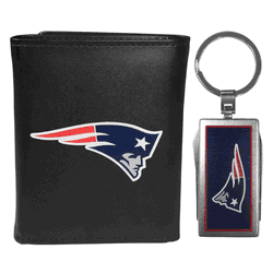 New England Patriots Leather Tri-fold Wallet & Multitool Key Chain, Black