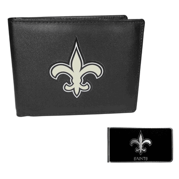 New Orleans Saints Leather Bi-fold Wallet & Black Money Clip