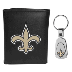 New Orleans Saints Leather Tri-fold Wallet & Steel Key Chain