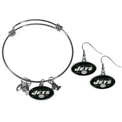 New York Jets Dangle Earrings and Charm Bangle Bracelet Set