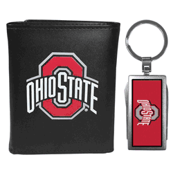 Ohio St. Buckeyes Leather Tri-fold Wallet & Multitool Key Chain, Black