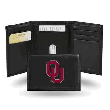 Oklahoma Sooners  Embroidered Genuine Leather Tri-fold Wallet 3.25