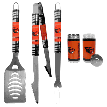 Oregon St. Beavers 3 pc Tailgater BBQ Set and Salt and Pepper Shaker Set