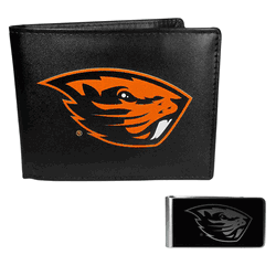 Oregon St. Beavers Leather Bi-fold Wallet & Black Money Clip