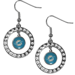 Our officially licensed rhinestone hoop earrings comes on an hypo-allergenic fishhook posts  and features a hoop covered in rhinestones with a high polish chrome finish and a Miami Dolphins logo dangling in the center.
