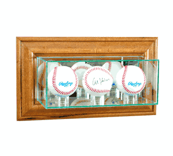 Perfect Cases Wall Mounted Triple Baseball Display Case - Walnut