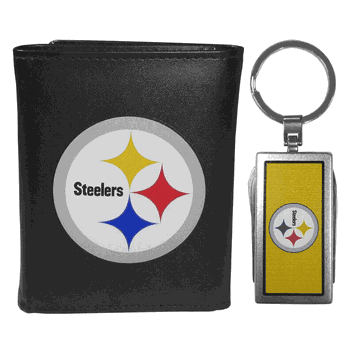 Pittsburgh Steelers Leather Tri-fold Wallet & Multitool Key Chain, Black