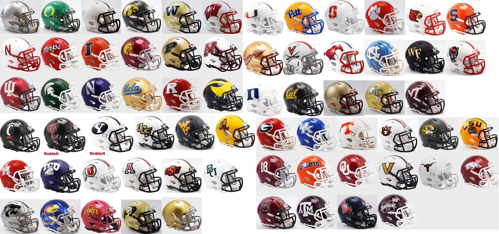 Riddell Set of 68 NCAA Mini Speed Replica Helmets - Conferences: SEC, BIG 10, BIG 12, & ACC + Notre Dame - Riddell NCAA Replica Mini Helmet Sets Riddell Set of 68 NCAA Mini Speed Replica Helmets - Conferences: SEC, BIG 10, BIG 12, & ACC + Notre Dame - Riddell NCAA Replica Mini Helmet Sets