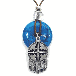 Shield & Feathers Adjustable Cord Necklace with Torquoise Colored Disc