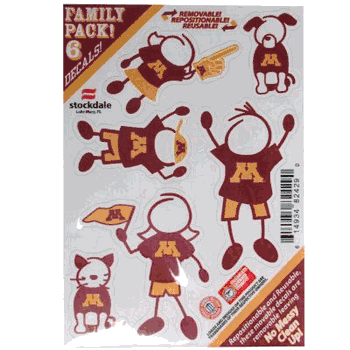 Show off your team pride with our Minnesota Golden Gophers family automotive decals. The set includes 6 individual family themed decals that each feature the team logo. The 5 x 7 inch decal set is made of outdoor rated, repositionable vinyl for durability and easy application.