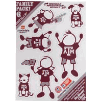 Show off your team pride with our Texas A&M Aggies family automotive decals. The set includes 6 individual family themed decals that each feature the team logo. The 5 x 7 inch decal set is made of outdoor rated, repositionable vinyl for durability and easy application.