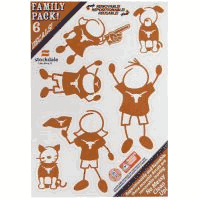 Show off your team pride with our Texas Longhorns family automotive decals. The set includes 6 individual family themed decals that each feature the team logo. The 5 x 7 inch decal set is made of outdoor rated, repositionable vinyl for durability and easy application.