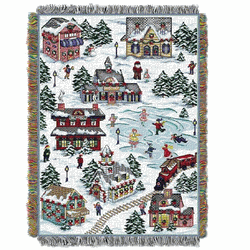 Snowy Village Holiday Tapestry Wall Hanging 48 x 60 Inches