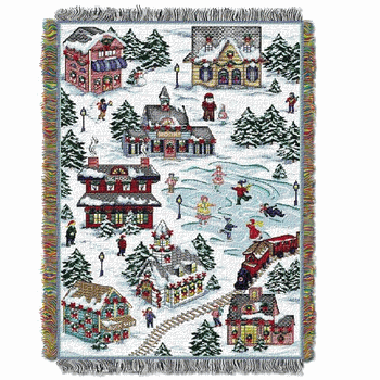 Snowy Village Holiday Tapestry Wall Hanging 48 x 60 Inches