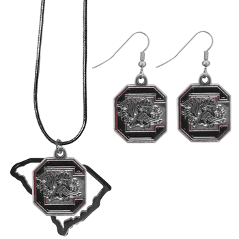 South Carolina Gamecocks Dangle Earrings and State Necklace Set