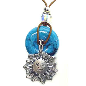 Sun Face Adjustable Cord Necklace with Torquoise Colored Disc