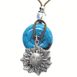 Sun Face Adjustable Cord Necklace with Torquoise Colored Disc
