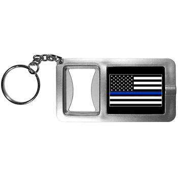 Thin Blue Line Police Flag Flashlight Key Chain with Bottle Opener
