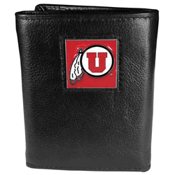 Utah Utes Deluxe Leather Tri-fold Wallet Packaged in Gift Box