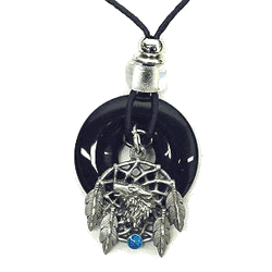 Wolf Dream Catcher Adjustable Cord Necklace with Onyx Colored Disc