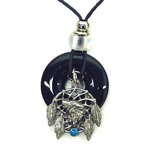 Wolf Dream Catcher Adjustable Cord Necklace with Onyx Colored Disc