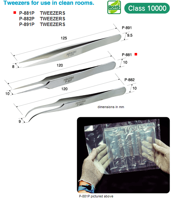 HOZAN P-881P Fine-tip Tweezers (Cleanroom-use), 5-pack [DISCON]