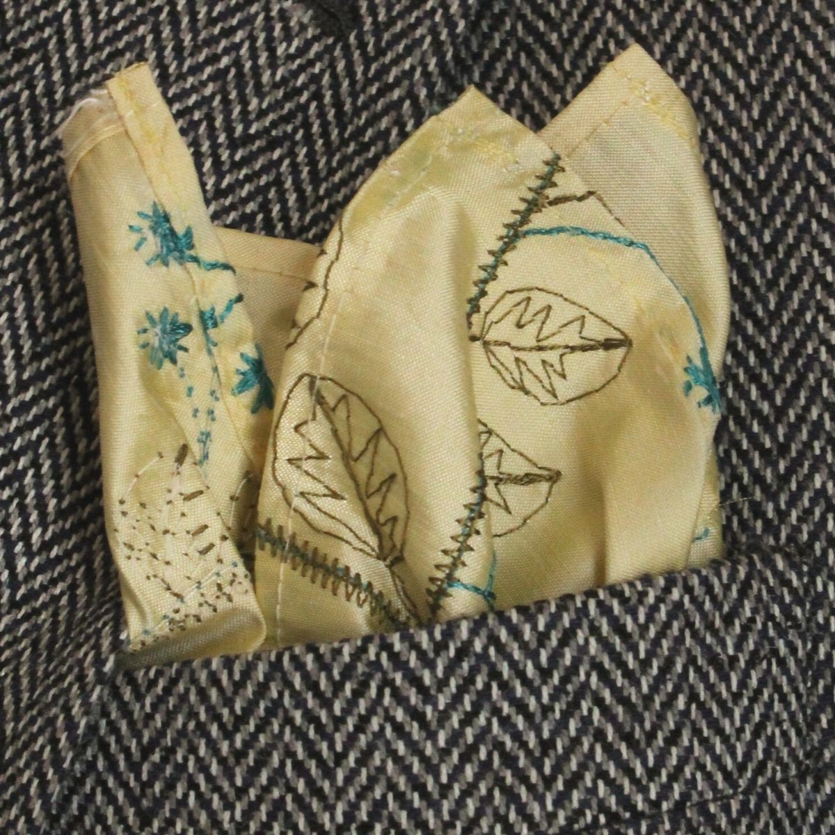 Gold Ivory Embroidered Silk Pocket Square