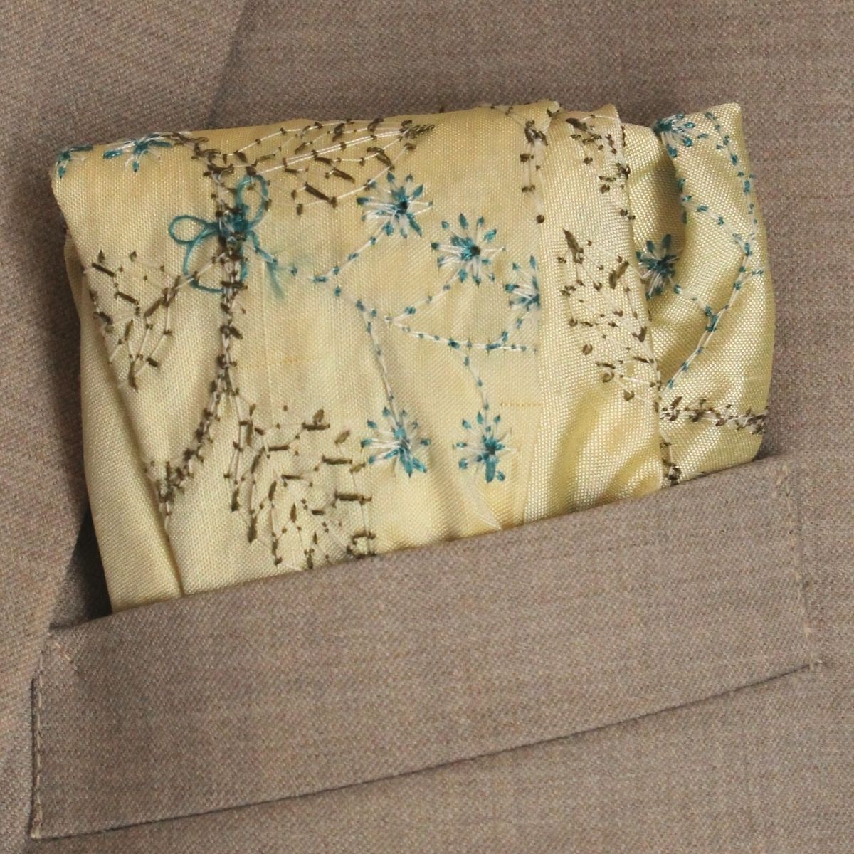 Gold Ivory Embroidered Silk Pocket Square