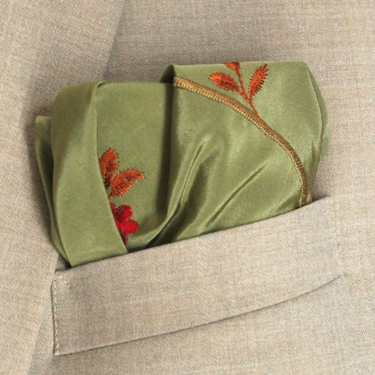 Sage Green Embroidered Silk Pocket Square
