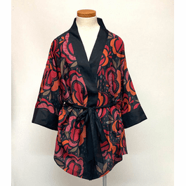 SHORT BLACK RED ORCHID PRINT KIMONO
