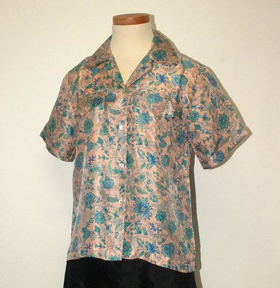 Beige Blue Floral Women's Silk Shirt