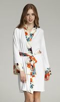 Bamboo Robe With Floral Silk Trim -- White 