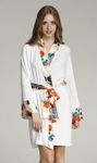 Bamboo Robe With Floral Silk Trim -- White 