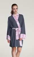 Bamboo Robe With Pink Floral Silk Trim -- Grey