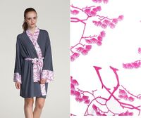 Bamboo Robe With Pink Floral Silk Trim -- Grey