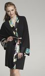Bamboo Robe With Silk Floral Trim-Black 