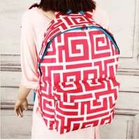 Pink Greek Key Print  Large Backpacks-Black
