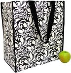 Reusable Eco-Green Market Tote in Black and White Damask Design