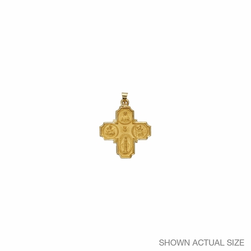 1-1/16 Inch 14KT Gold Hollow Four Way Medal with Scalloped Detailing