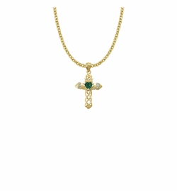 1-1/16 Inch 14KT Gold Plated Over Sterling Silver Claddagh with Green CZ Stone Center Cross Necklace